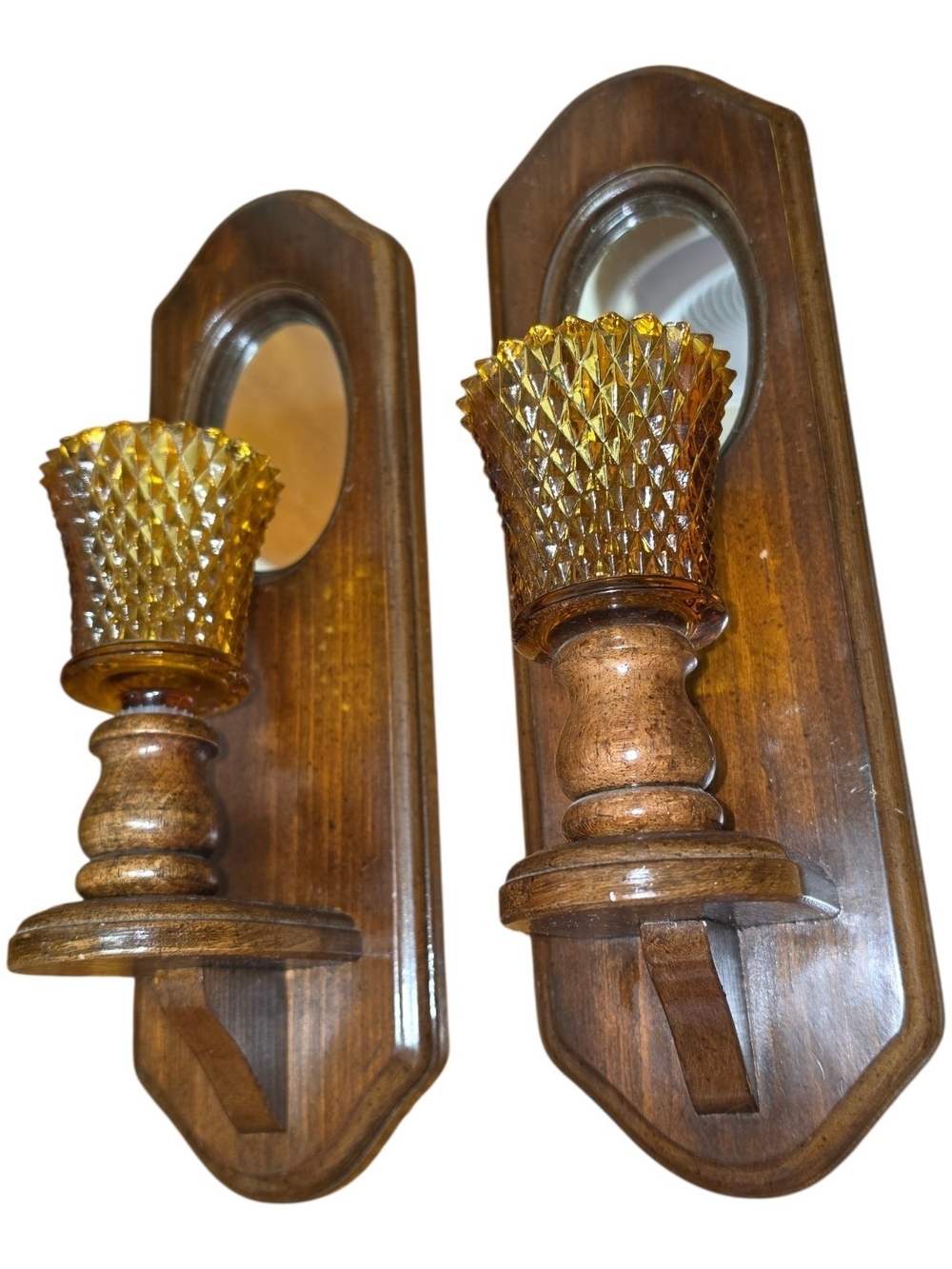 Vintage 1970s Wood Mirror Wall Sconces Amber Diamond Glass Candle Holders Pair